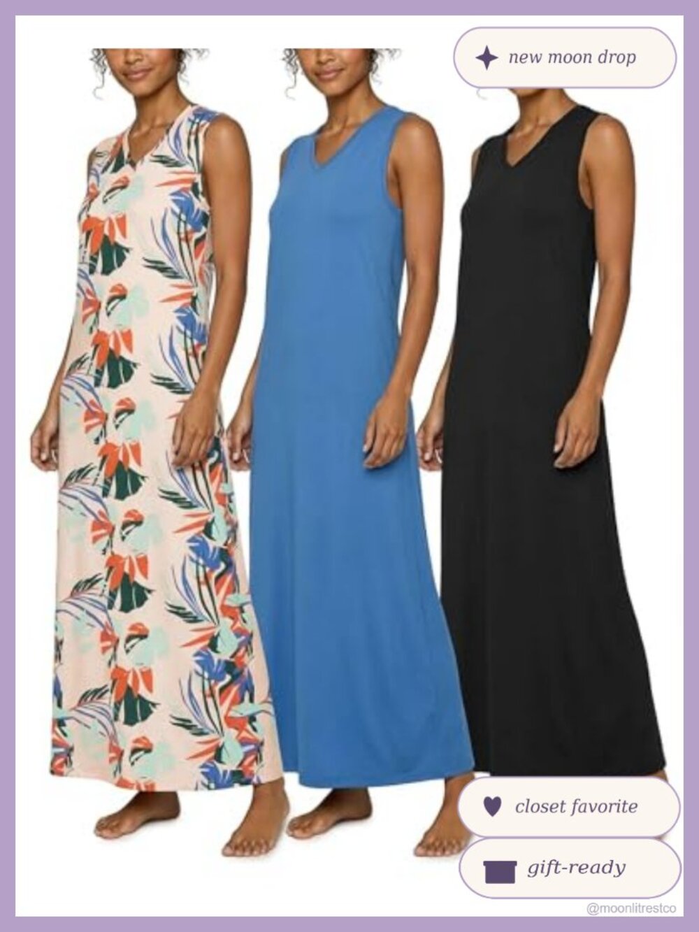 Maxi Tank Nightgown Sleepshirt 3 Pack Sleeveless V-Neck Long Nightgowns